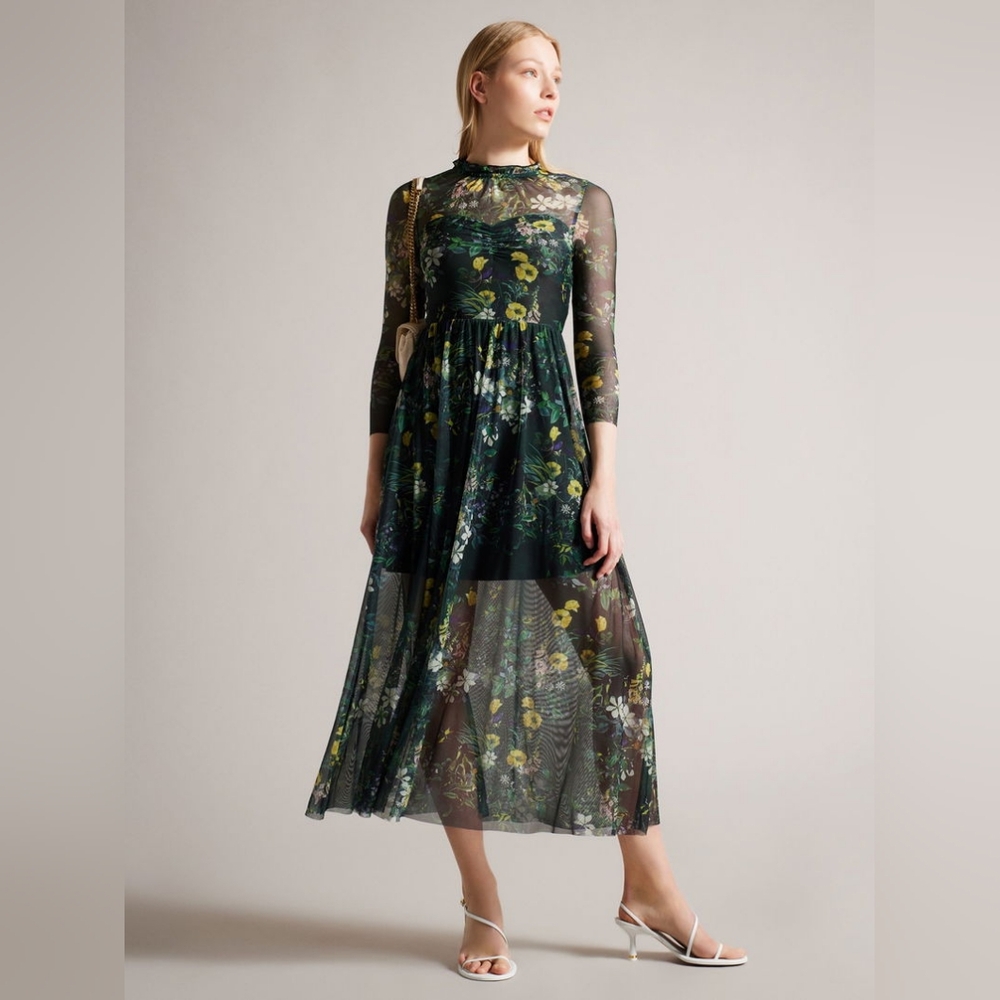 Ted Baker London Black Floral Long Sleeve Midi Dress